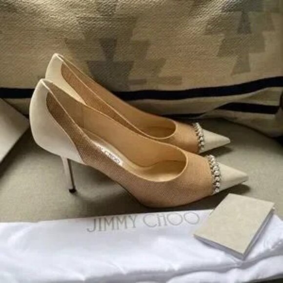Jimmy Choo Love 85 WRR natural raffia crystal pearls latte pumps Size 40 NWT - Picture 3 of 14